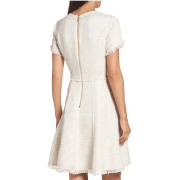 NWT Eliza J Ivory Short Sleeve Fringe Trim A-line Round Neck Tweed Dress Size 10 - Picture 3 of 16